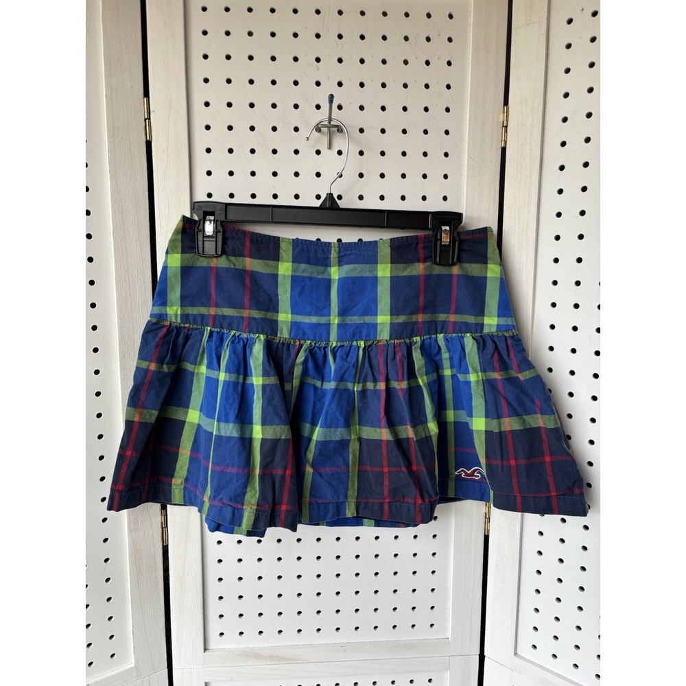 Hollister Micro‎ Mini Skirt Women Size 3 Blue Green Plaid Y2K Pleated Vintage